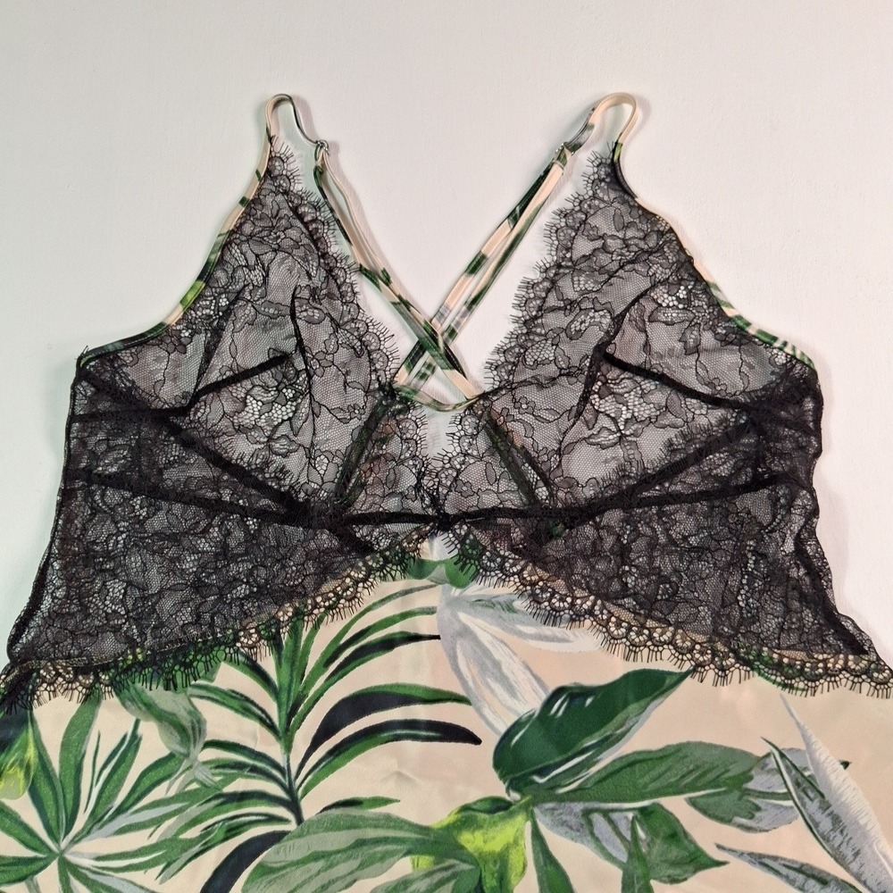 Victorias Secret Tropical Palm Leaf Lace Trim Slip Dress Chemise Green Black L - Picture 7 of 10